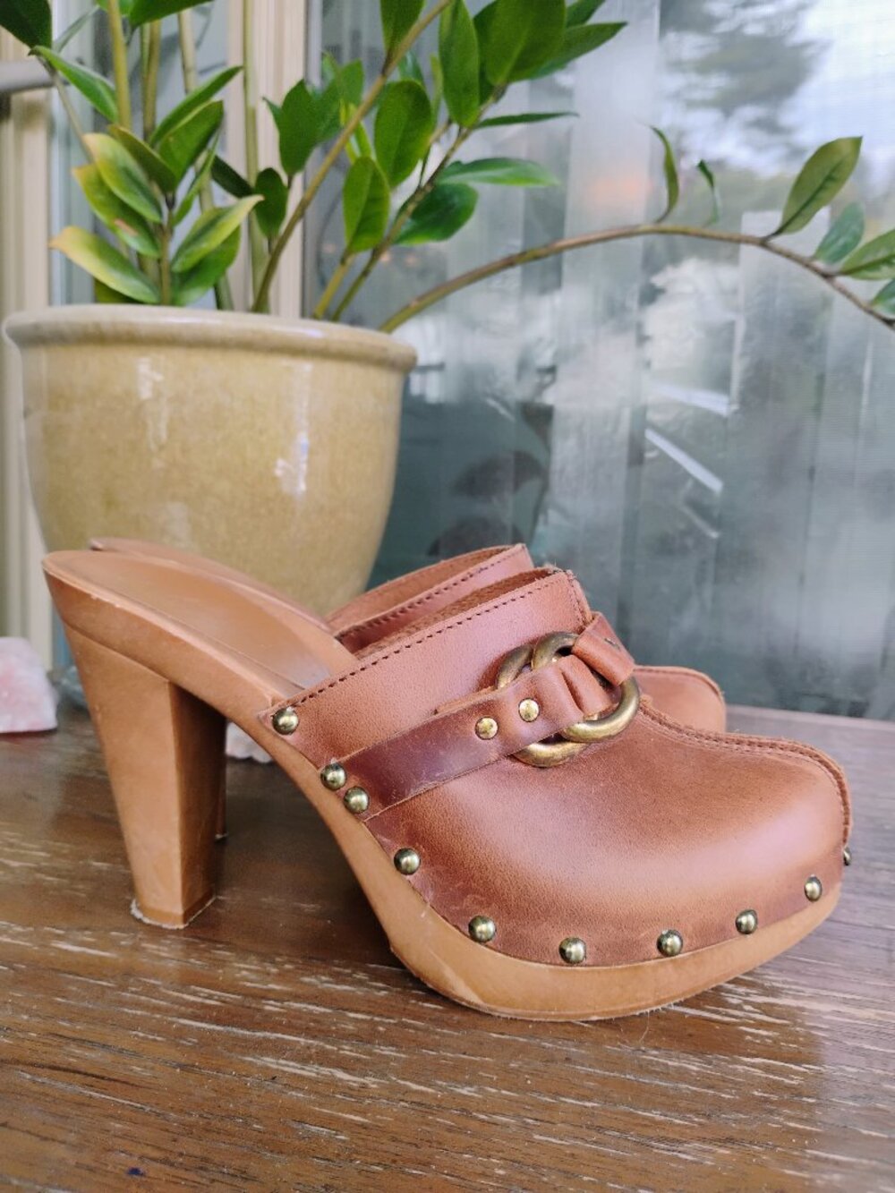 Town Shoes Tan Clog Platform Slip On Leather Buckle Heels 8